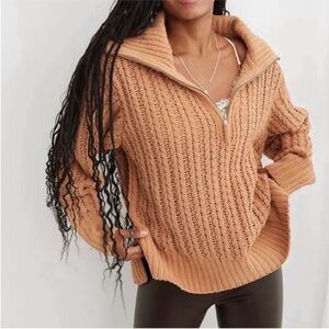 Aerie Cable Car Quarter Zip Chenille Chunky Knit Sweater Small